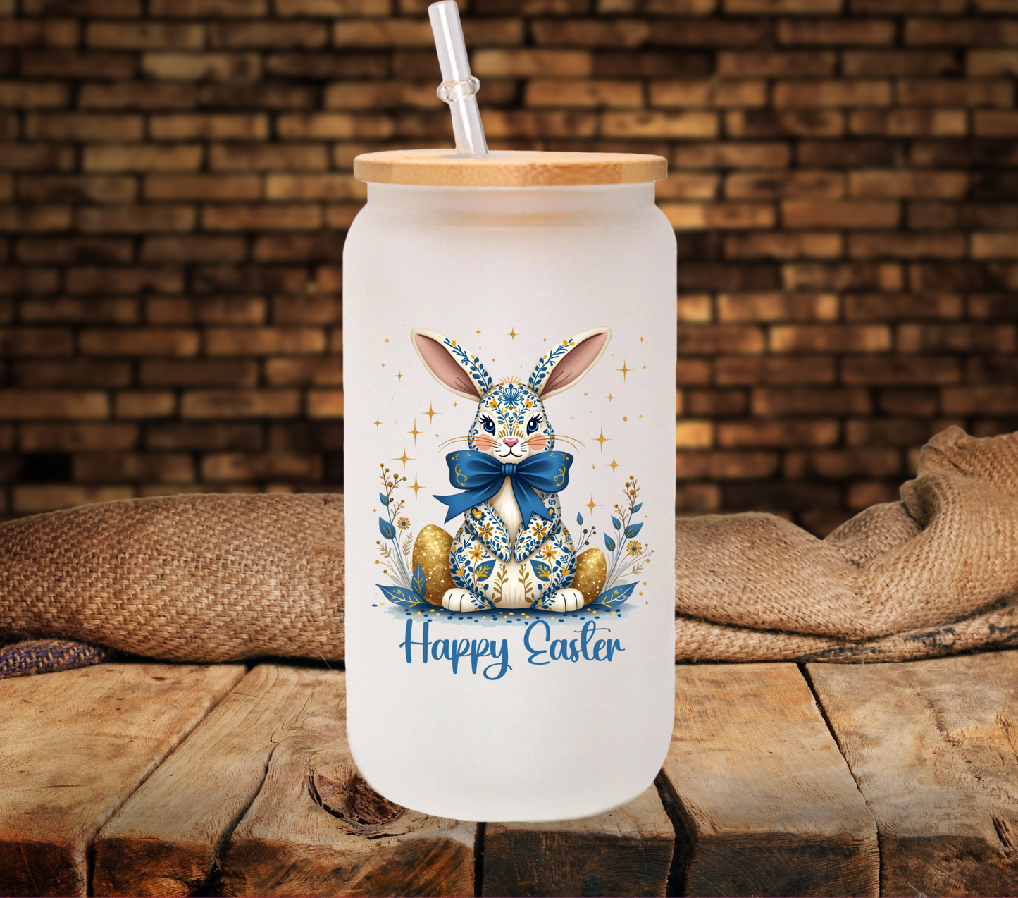 Blue and Gold happy Easter - UV DTF Decal