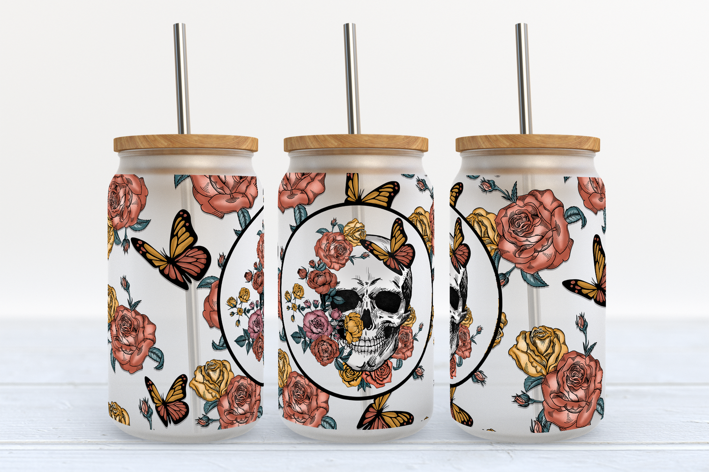 Flowers and Skulls- UV DTF 16oz Libbey wrap