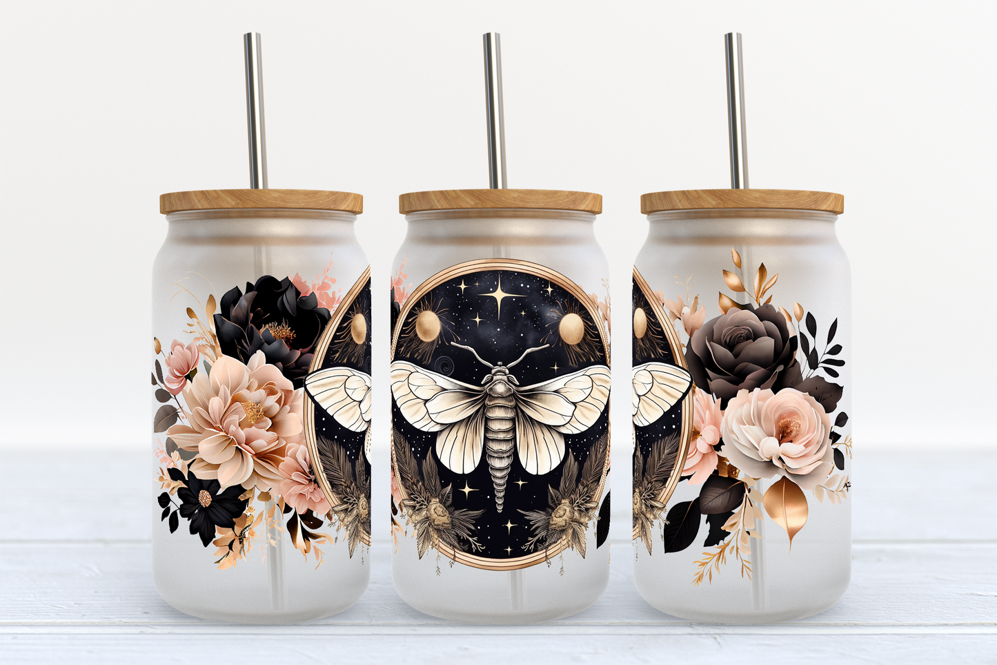 Floral Moth - UV DTF 16oz Libbey wrap
