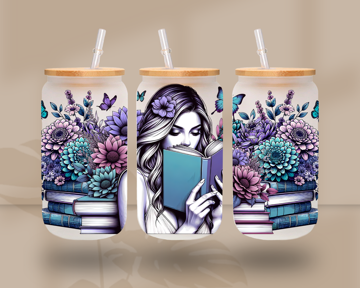 Girl with Books - UV DTF 16oz Libbey wrap
