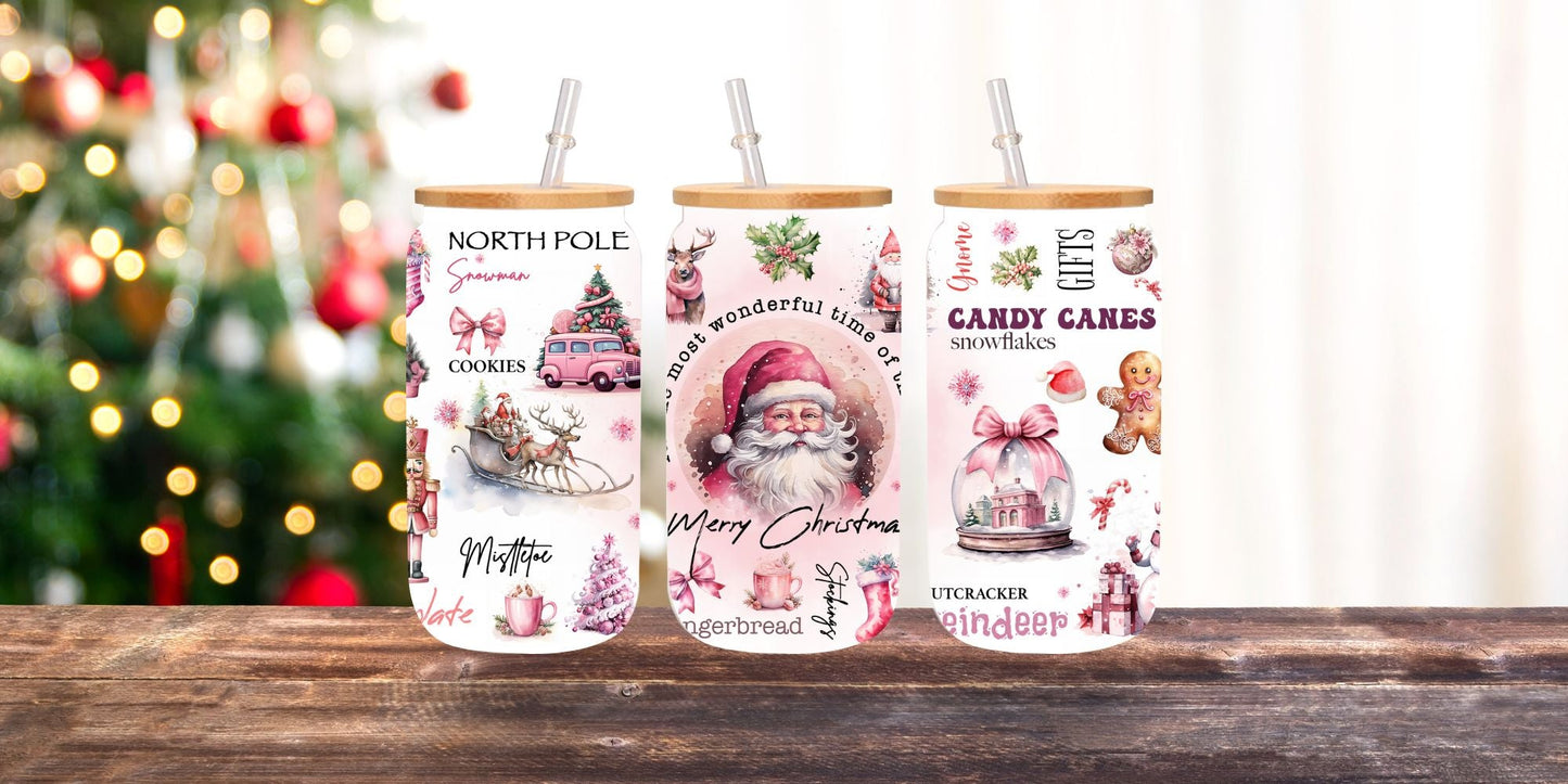 Pink Santa - UV DTF 16oz Libbey wrap