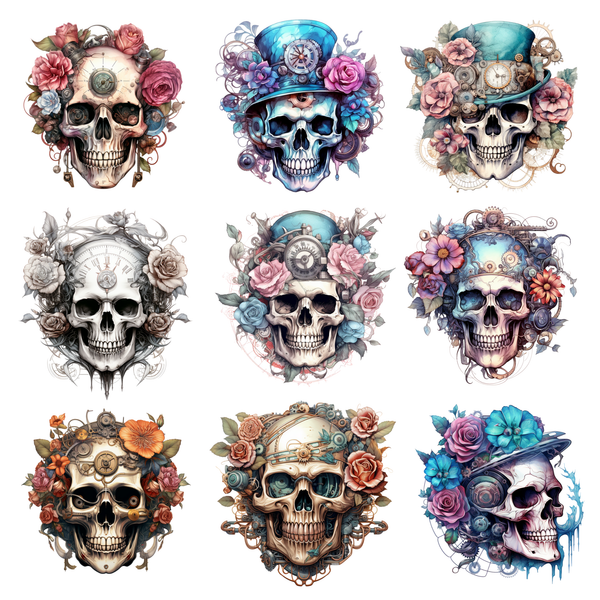 Floral Steampunk Skull - Uv Dtf Decal Sheet