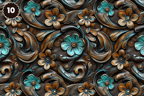 Turquoise and Brown Tooled Leather - Adhesive Vinyl 12x12 Sheets - 22 Design Options