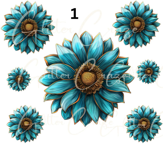 Turquoise and Sunflowers- - UV DTF Decal sheets - 7 design sheets