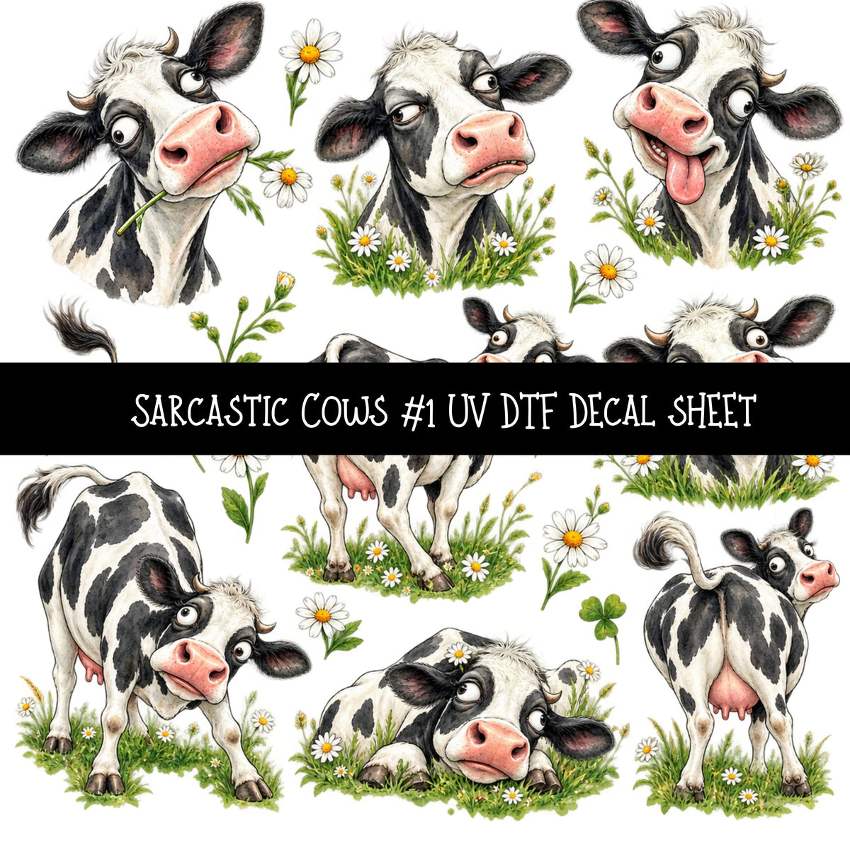 Sarcastic Cows UV DTF Decal sheets 12 Designs available