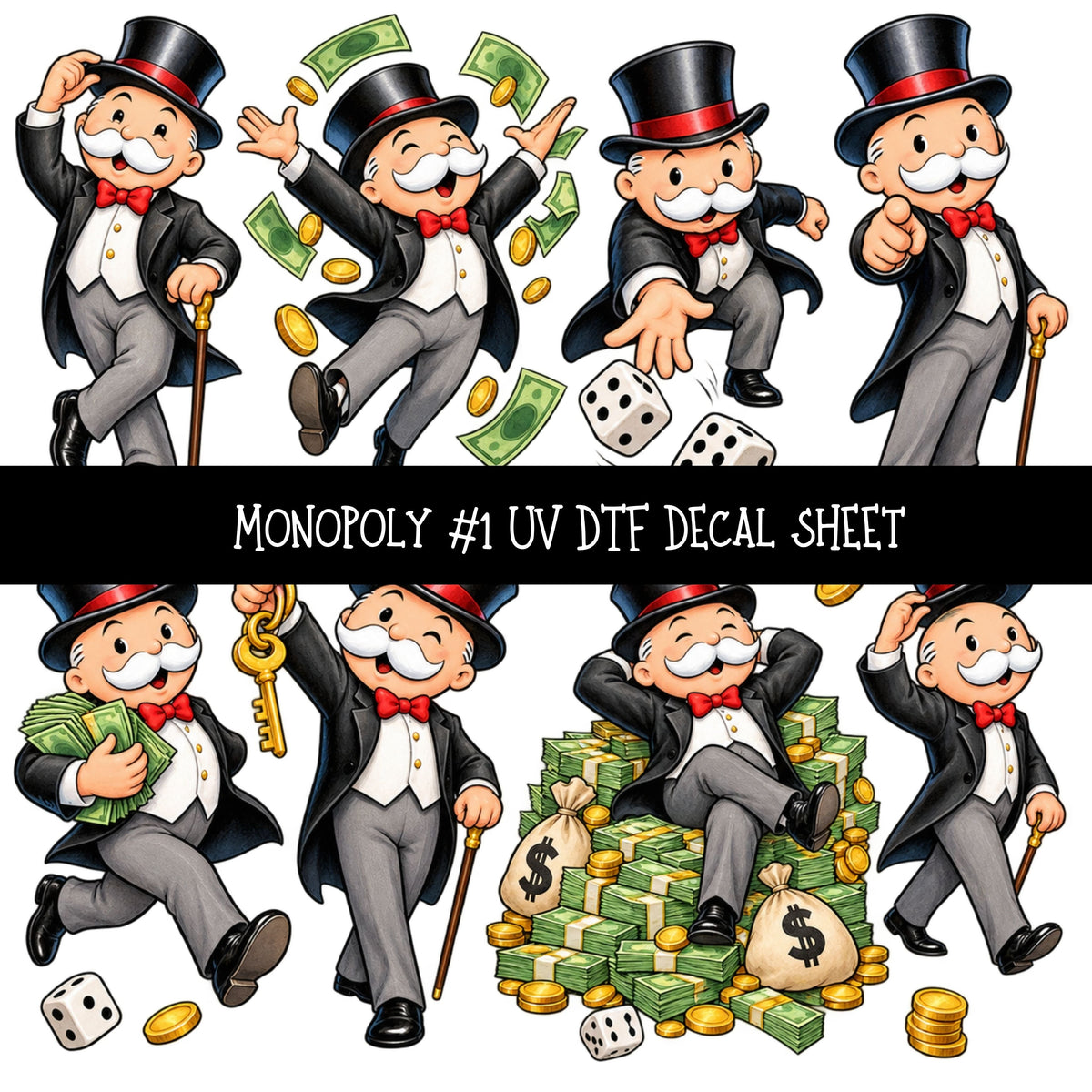 Monopoly UV DTF Decal sheets 11 Designs available