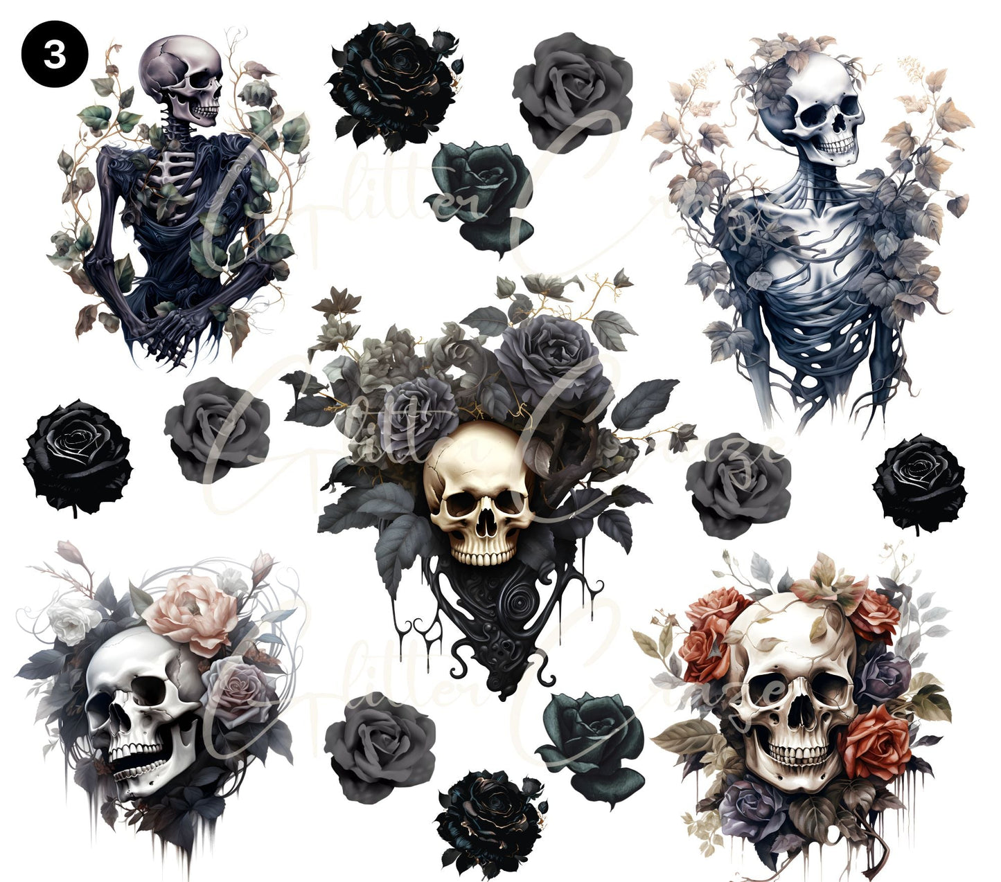 Skulls and flowers uv dtf decal sheets- 3 Designs