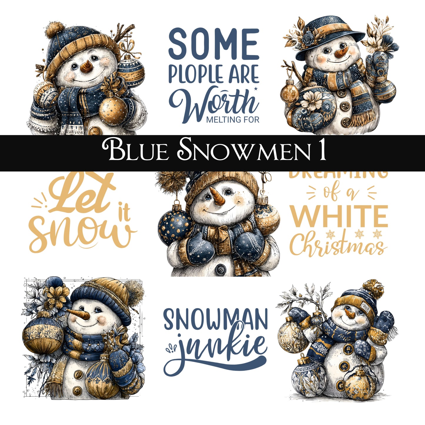 Blue Snowmen Collection UV DTF Decal Sheets 5 design options