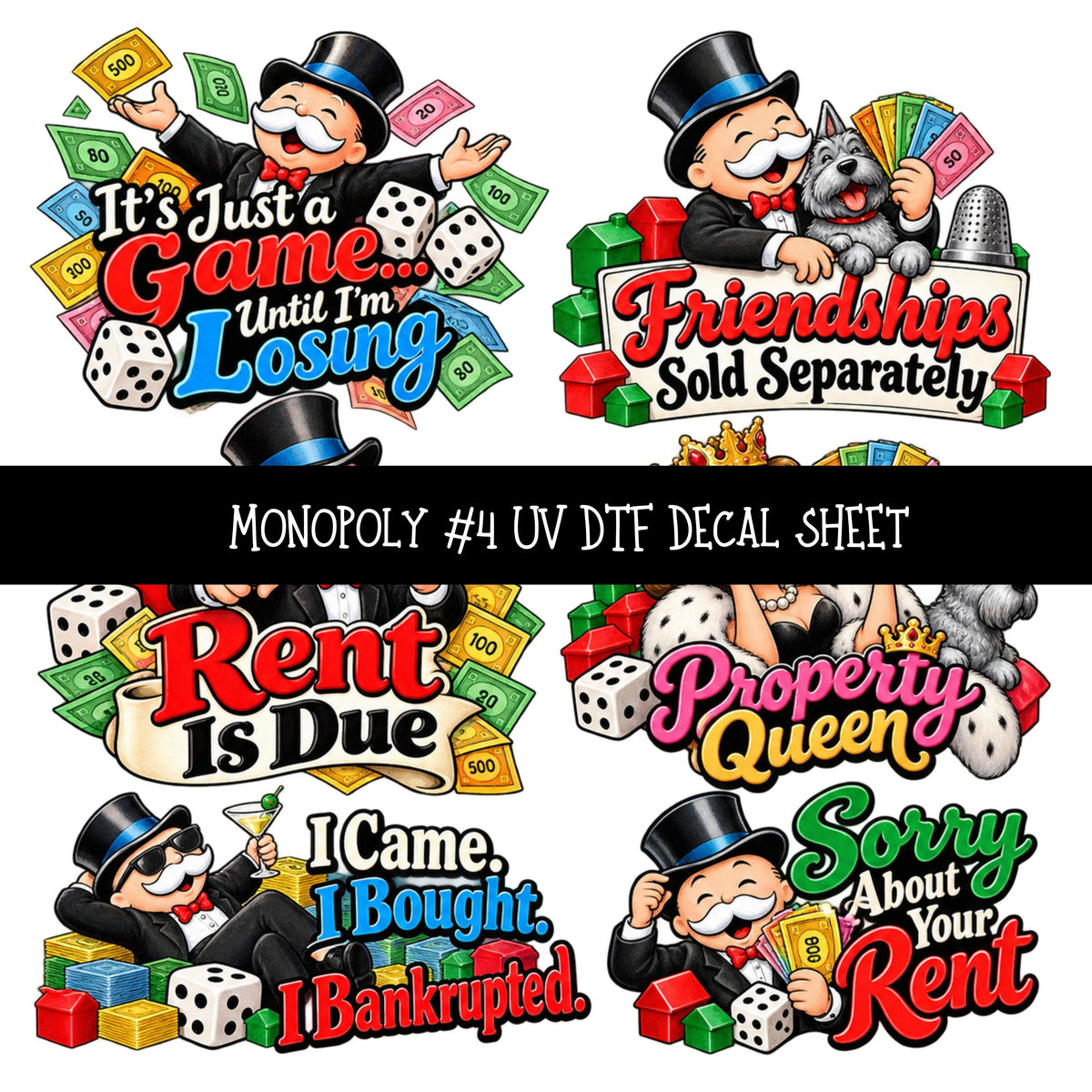 Monopoly UV DTF Decal sheets 11 Designs available