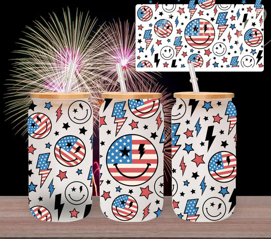 4th of July Smiley UV DTF 16oz Libbey wrap