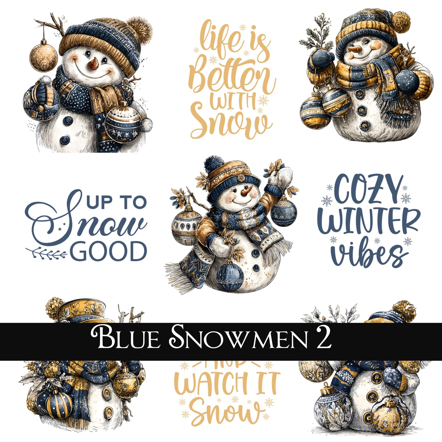 Blue Snowmen Collection UV DTF Decal Sheets 5 design options