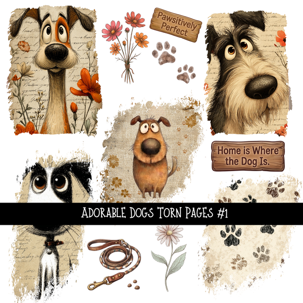 Adorable Dogs Torn Pages - UV DTF Decal sheet