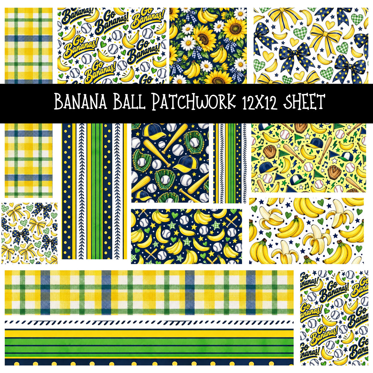 Banana Ball Patchwork precut vinyl sheet available in 12x12 or 6x6 sizes