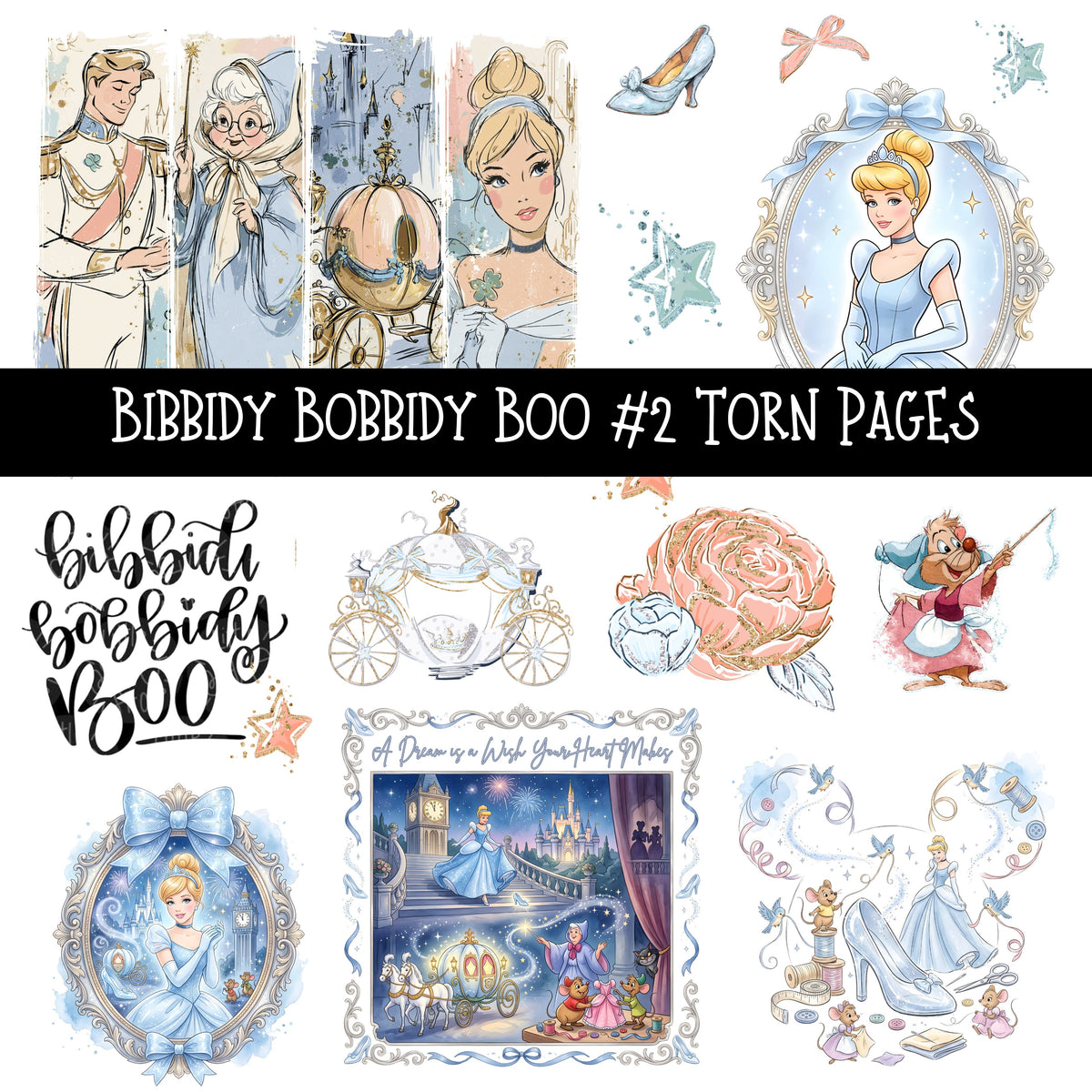 Bibbidy Bobbidy Boo Torn Pages UV DTF Decal sheets 4 Designs available