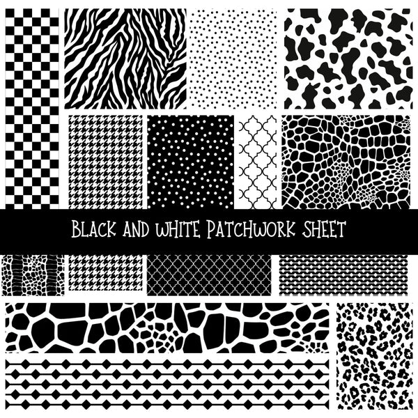 Black and white Patchwork precut vinyl sheet available in 12x12 or 6x6 sizes