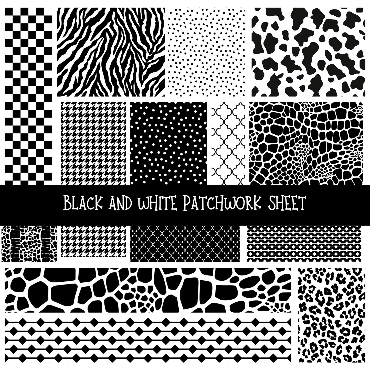 Black and white Patchwork precut vinyl sheet available in 12x12 or 6x6 sizes