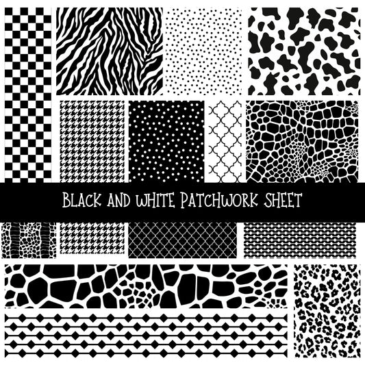 Black and white Patchwork precut vinyl sheet available in 12x12 or 6x6 sizes