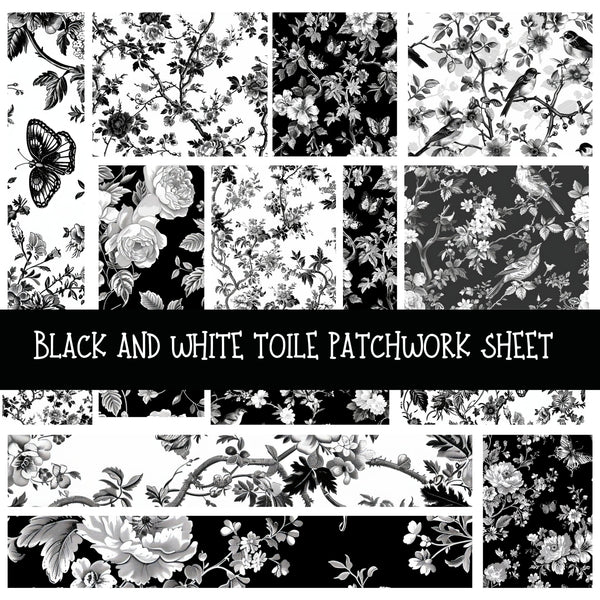 Black and White Toile Patchwork precut vinyl sheet available in 12x12 or 6x6 sizes