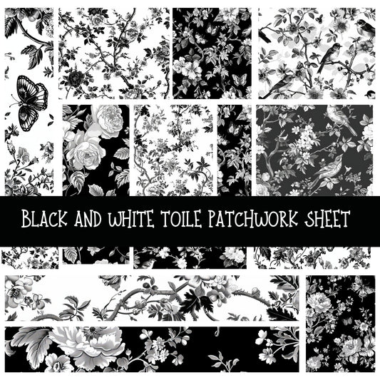 Black and White Toile Patchwork precut vinyl sheet available in 12x12 or 6x6 sizes
