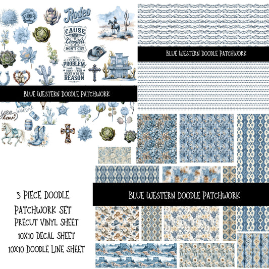 Blue Western Doodle Patchwork Set