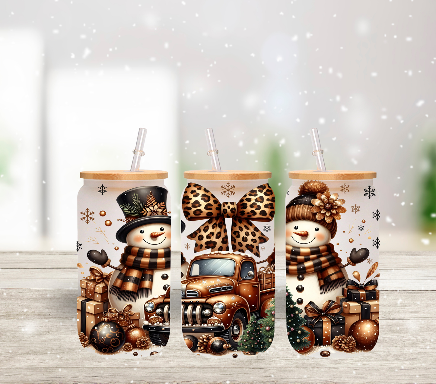 Brown Leopard Snowman - UV DTF 16oz Libbey wrap