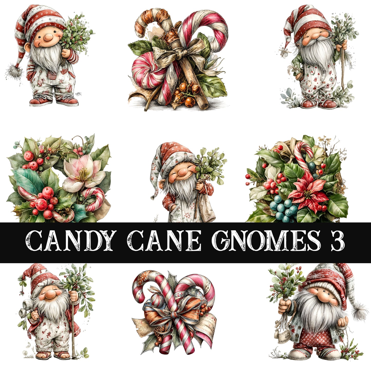Candy Cane Gnomes Collection UV DTF Decal Sheets 7 Design sheets