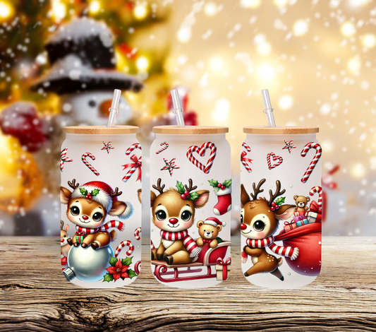 Candy Cane Reindeer - UV DTF 16oz Libbey wrap