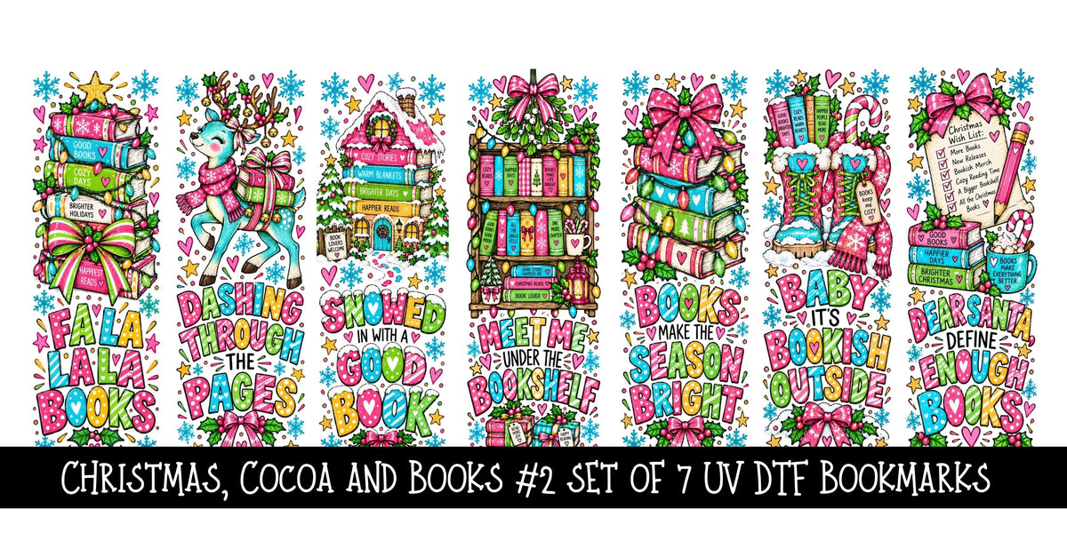 Christmas, Cocoa and Books  Bookmark UV DTF Decal sheet- 7 Designs per sheet 3 sheet options