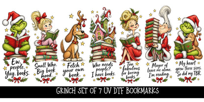 Grinch Bookmark UV DTF Decal sheet- set of 7 Designs