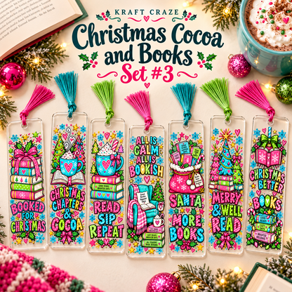 Christmas, Cocoa and Books  Bookmark UV DTF Decal sheet- 7 Designs per sheet 3 sheet options
