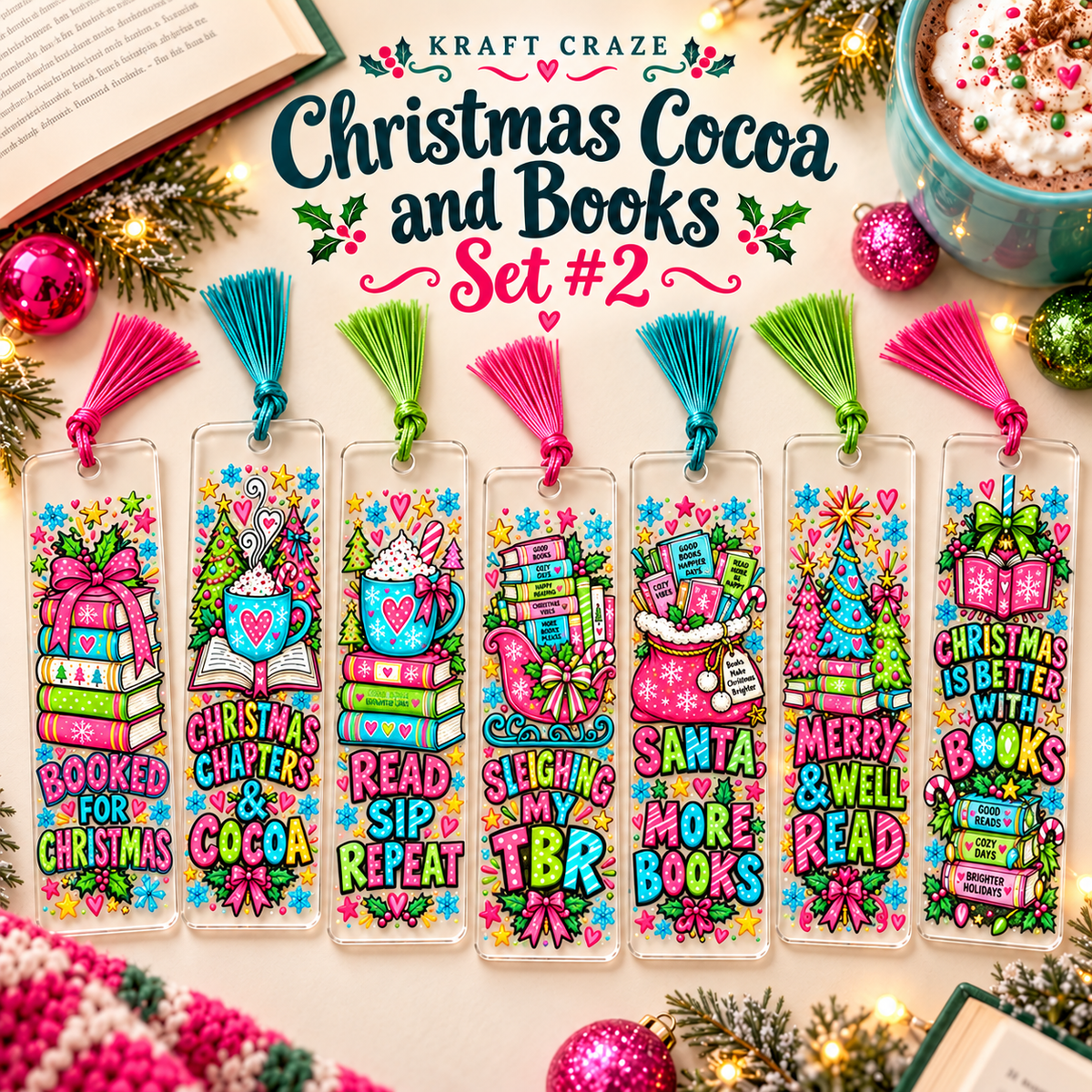Christmas, Cocoa and Books  Bookmark UV DTF Decal sheet- 7 Designs per sheet 3 sheet options