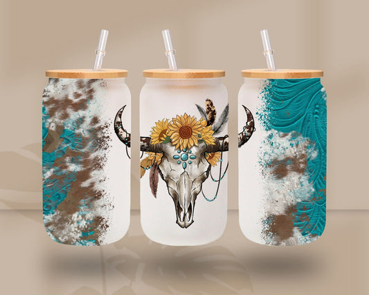 Turquoise Bull Skull- UV DTF 16oz Libbey wrap