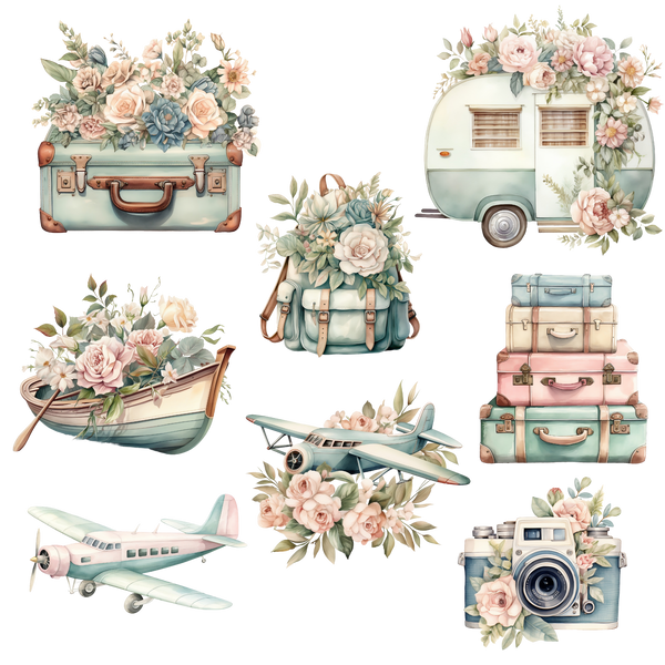 Vintage Floral Travel Decals - UV DTF Decal sheet