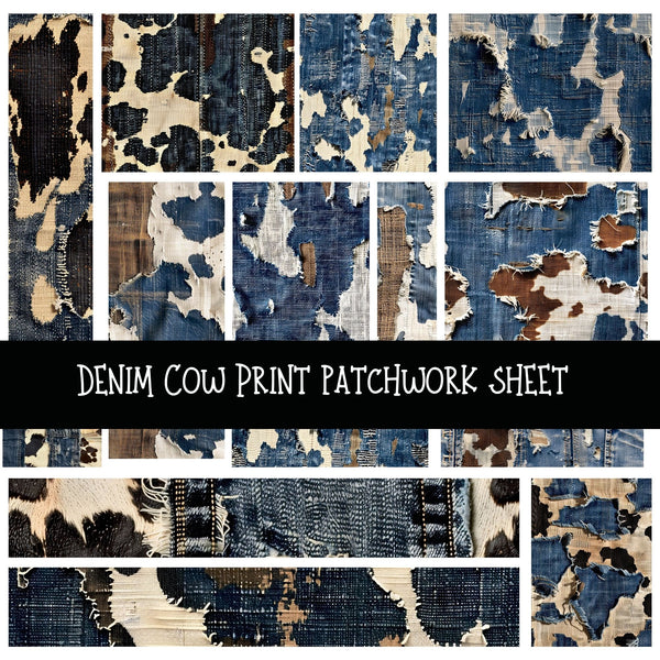 Denim Cow Print Patchwork precut vinyl sheet available in 12x12 or 6x6 sizes