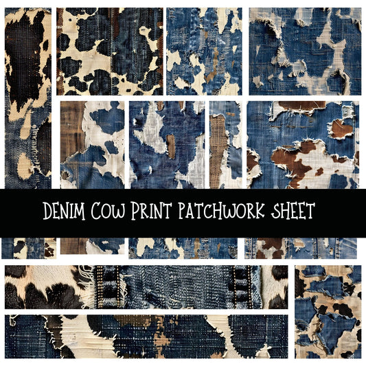 Denim Cow Print Patchwork precut vinyl sheet available in 12x12 or 6x6 sizes