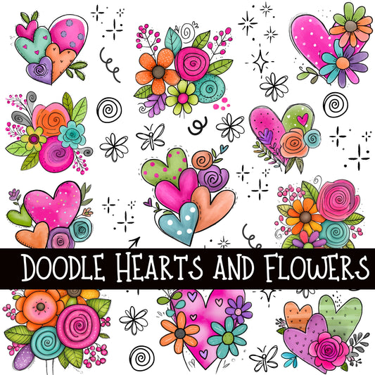 Doodle Hearts and Flowers UV DTF Decal sheets