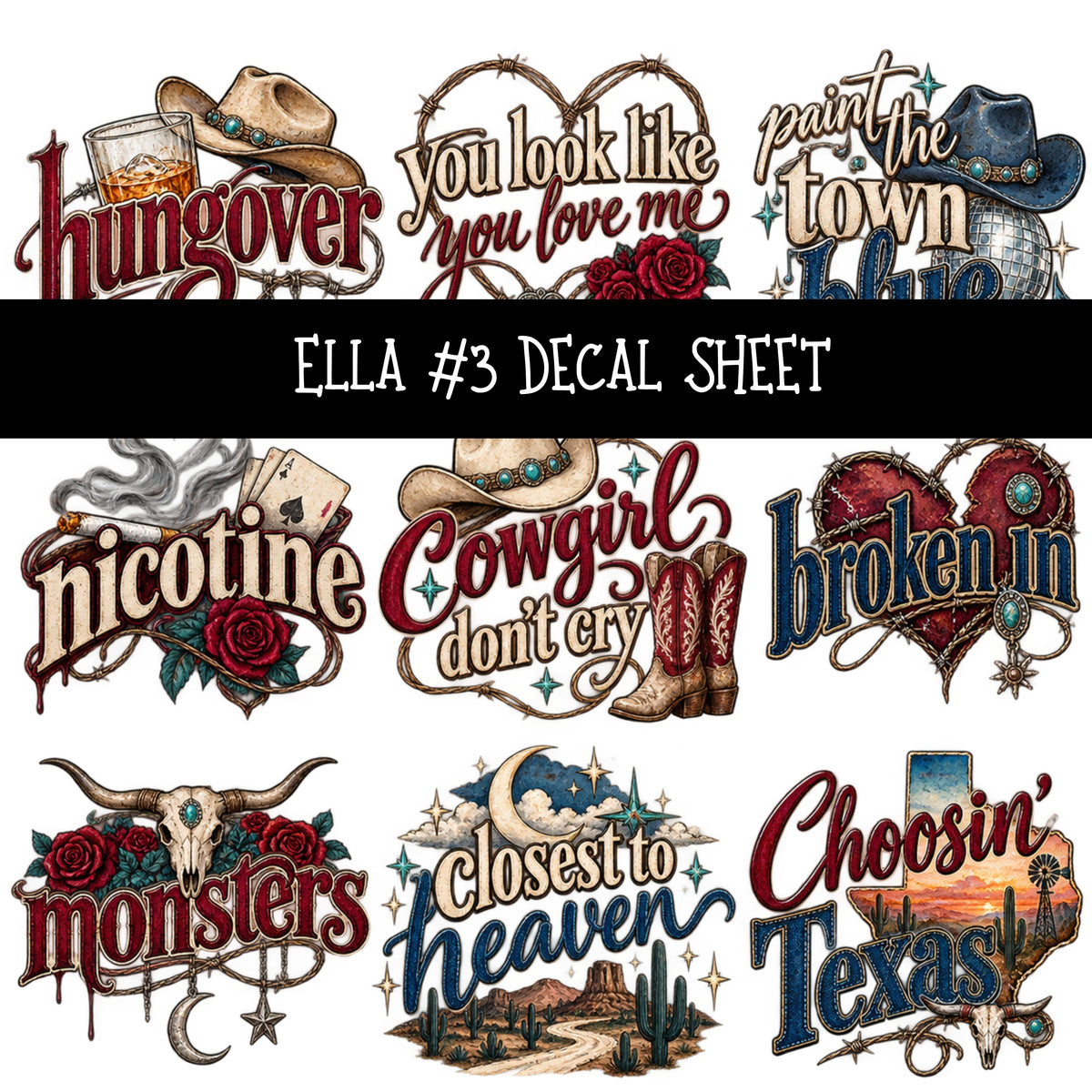 Ella UV DTF Decal sheets 12 Designs available