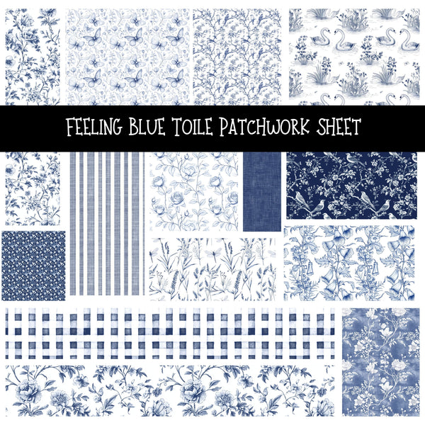 Feeling Blue Toile Patchwork precut vinyl sheet available in 12x12 or 6x6 sizes