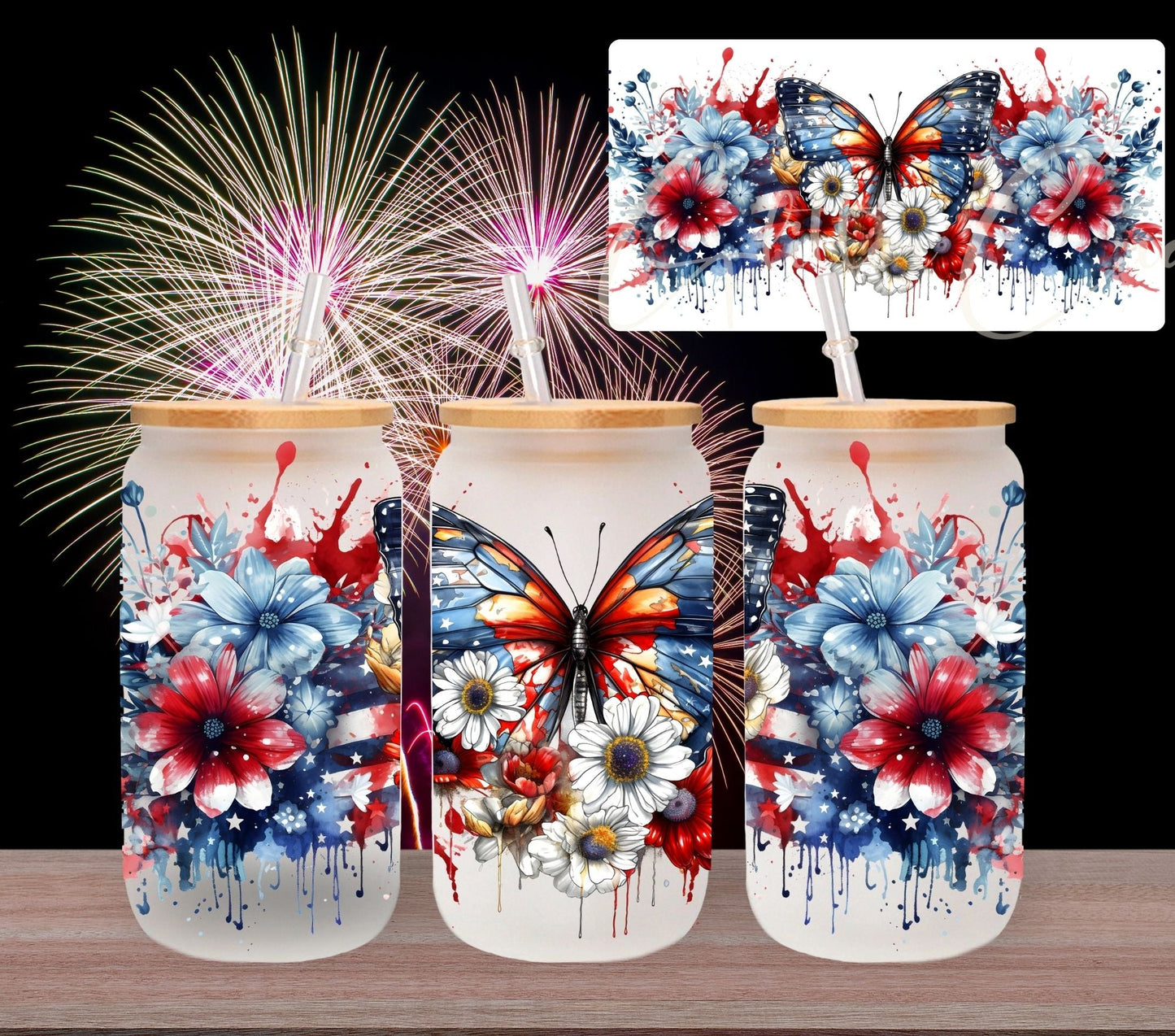 4th of July Flowers and Butterfly - UV DTF 16oz Libbey wrap