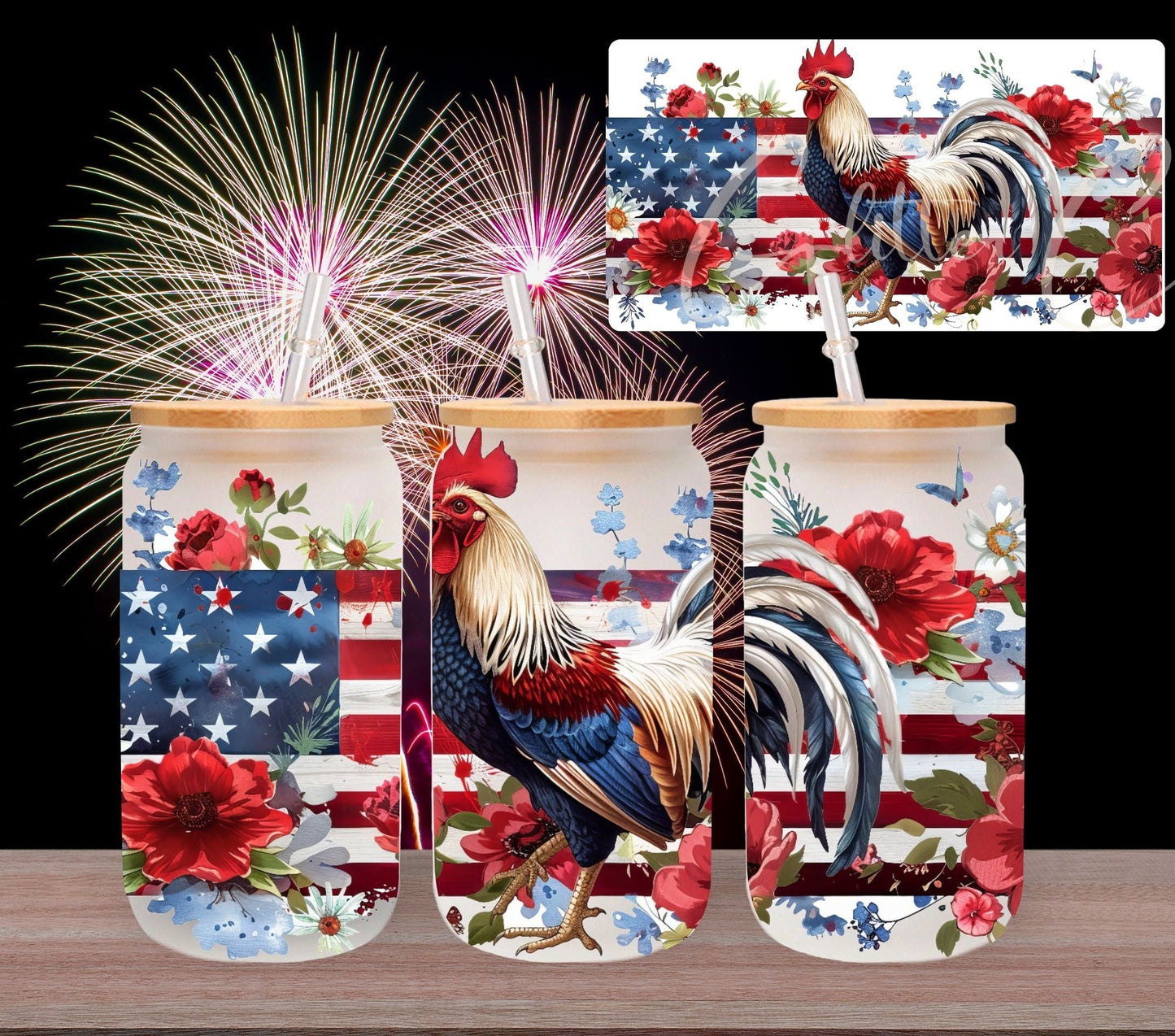 4th of July Chicken - UV DTF 16oz Libbey wrap