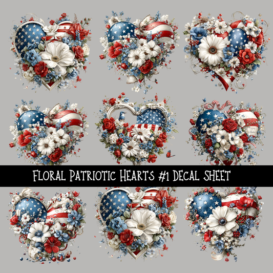 Floral Patriotic Hearts - UV DTF Decal sheets