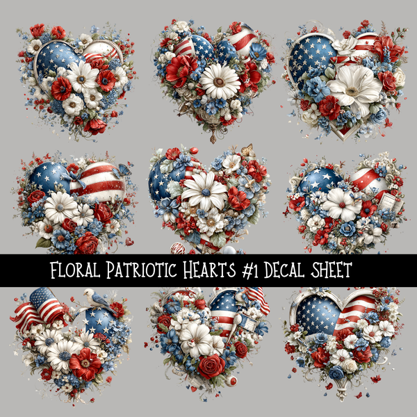 Floral Patriotic Hearts - UV DTF Decal sheets