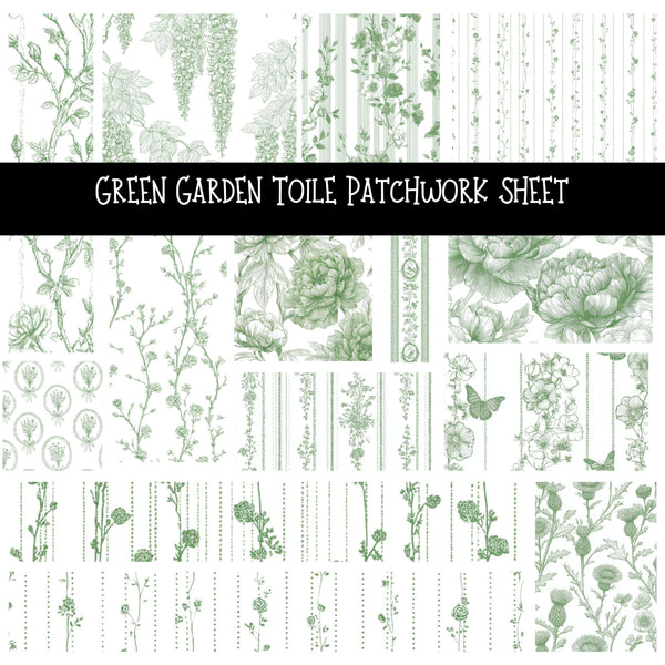 Green Garden Toile Patchwork precut vinyl sheet available in 12x12 or 6x6 sizes