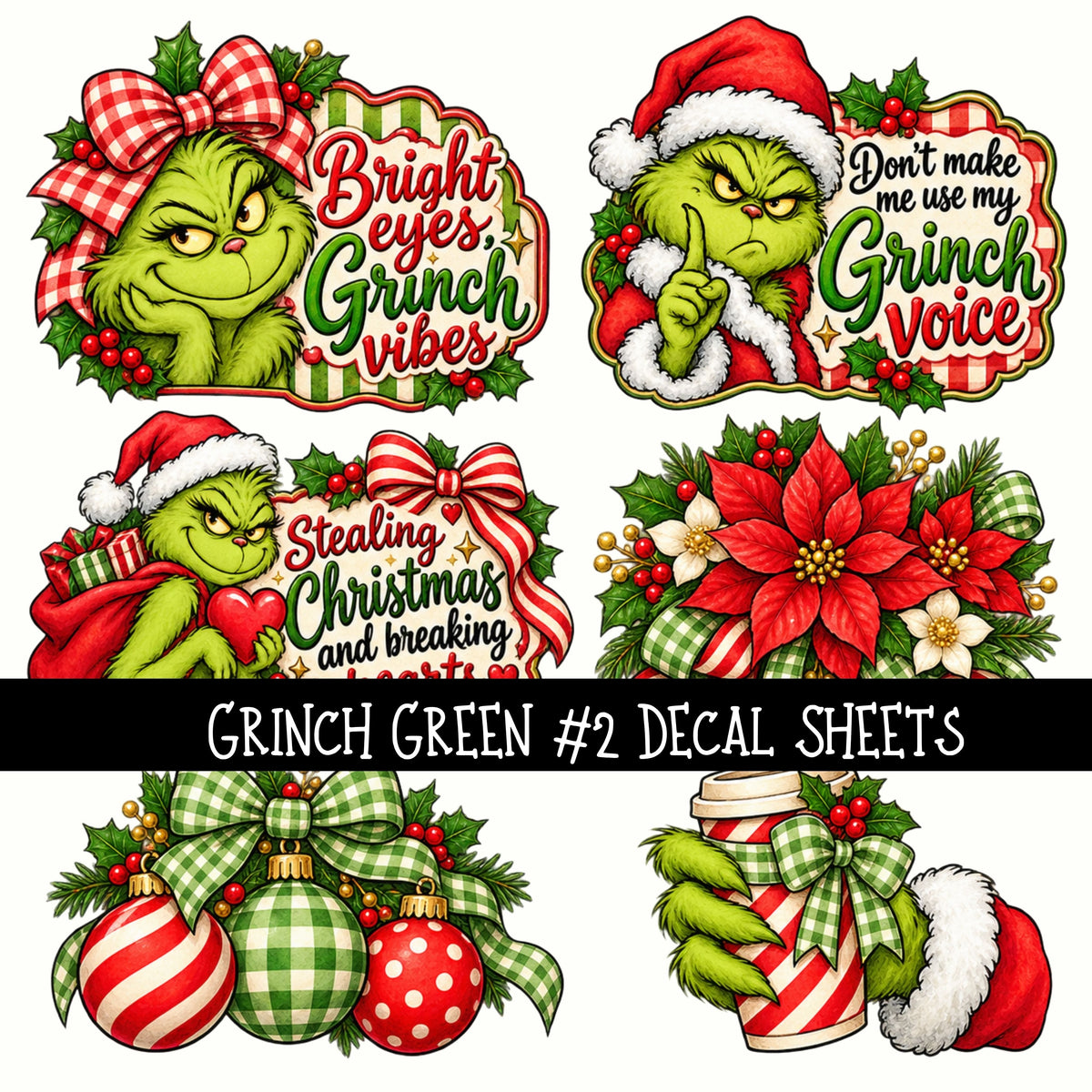 Grinch Green Torn Pages UV DTF Decal sheets 5 Designs available