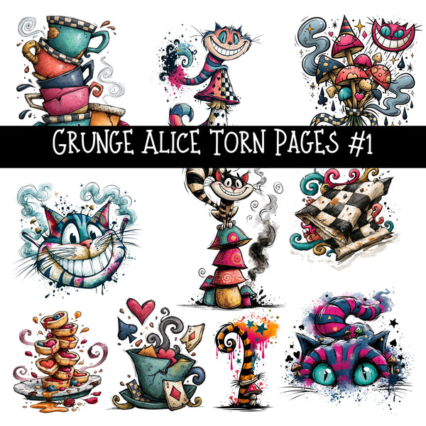 Grunge Alice Torn Pages UV DTF Decal sheets 11 Designs available