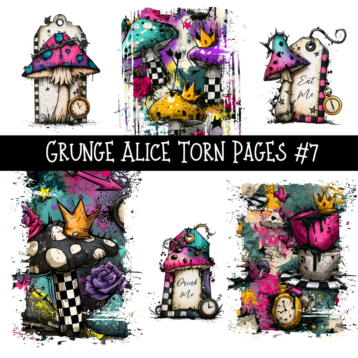 Grunge Alice Torn Pages UV DTF Decal sheets 11 Designs available