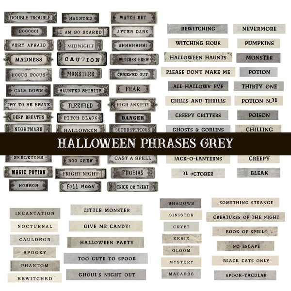 Halloween Phrases grey UV DTF Decal sheet