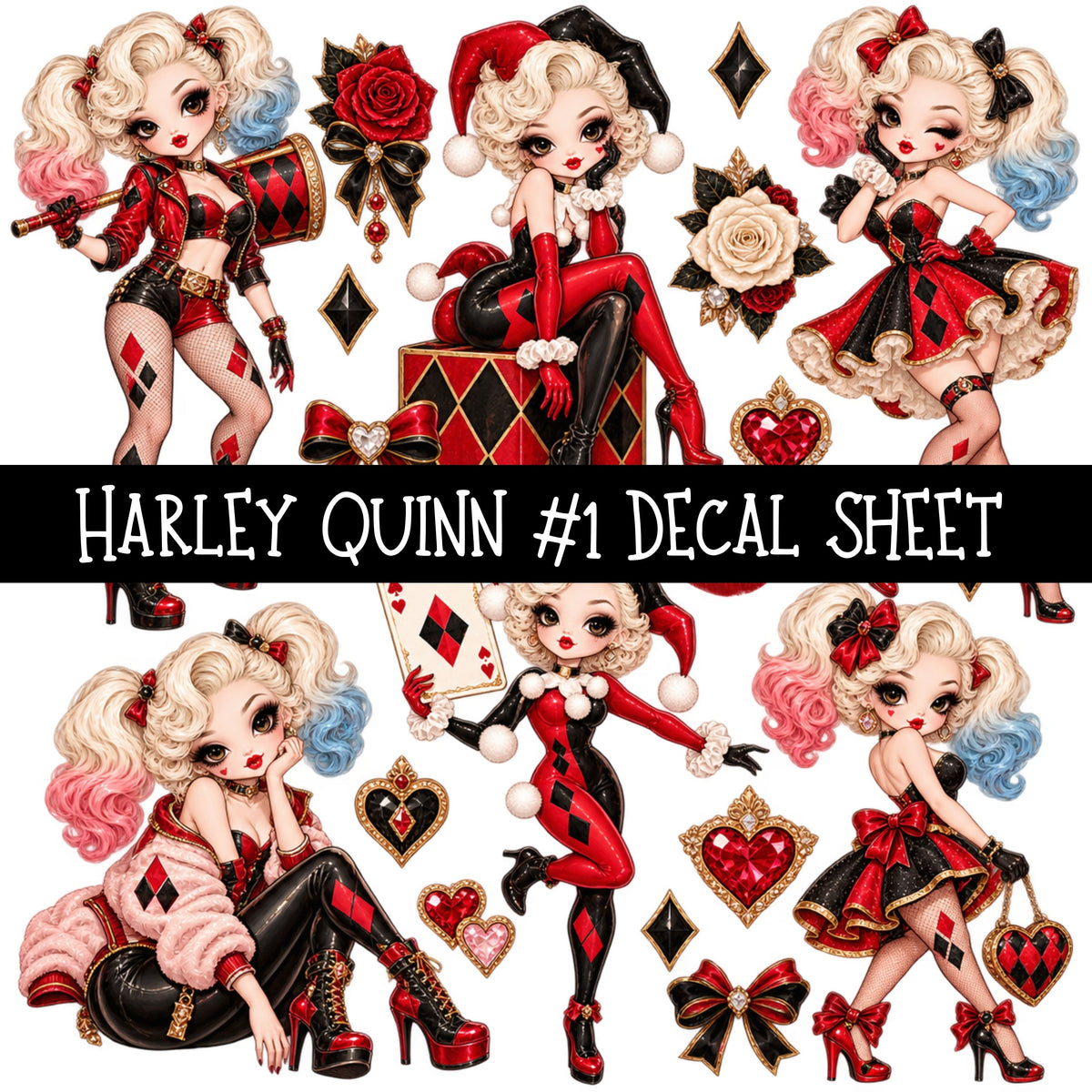 Harley Quinn UV DTF Decal sheets 6 Designs available