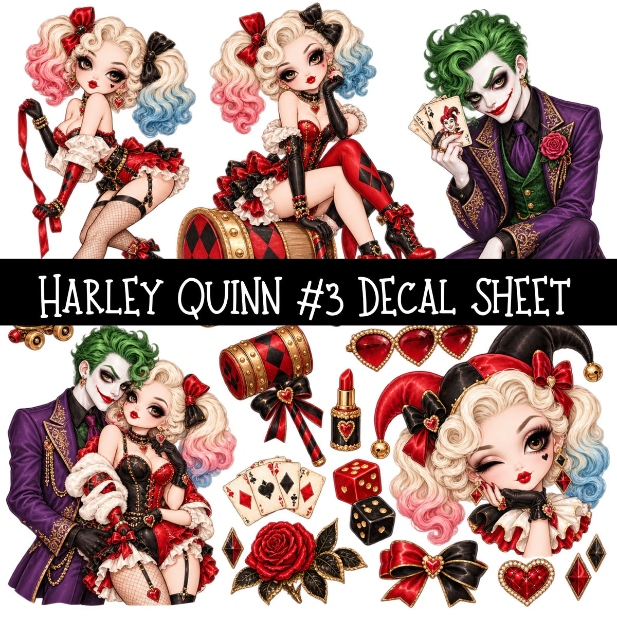 Harley Quinn UV DTF Decal sheets 6 Designs available