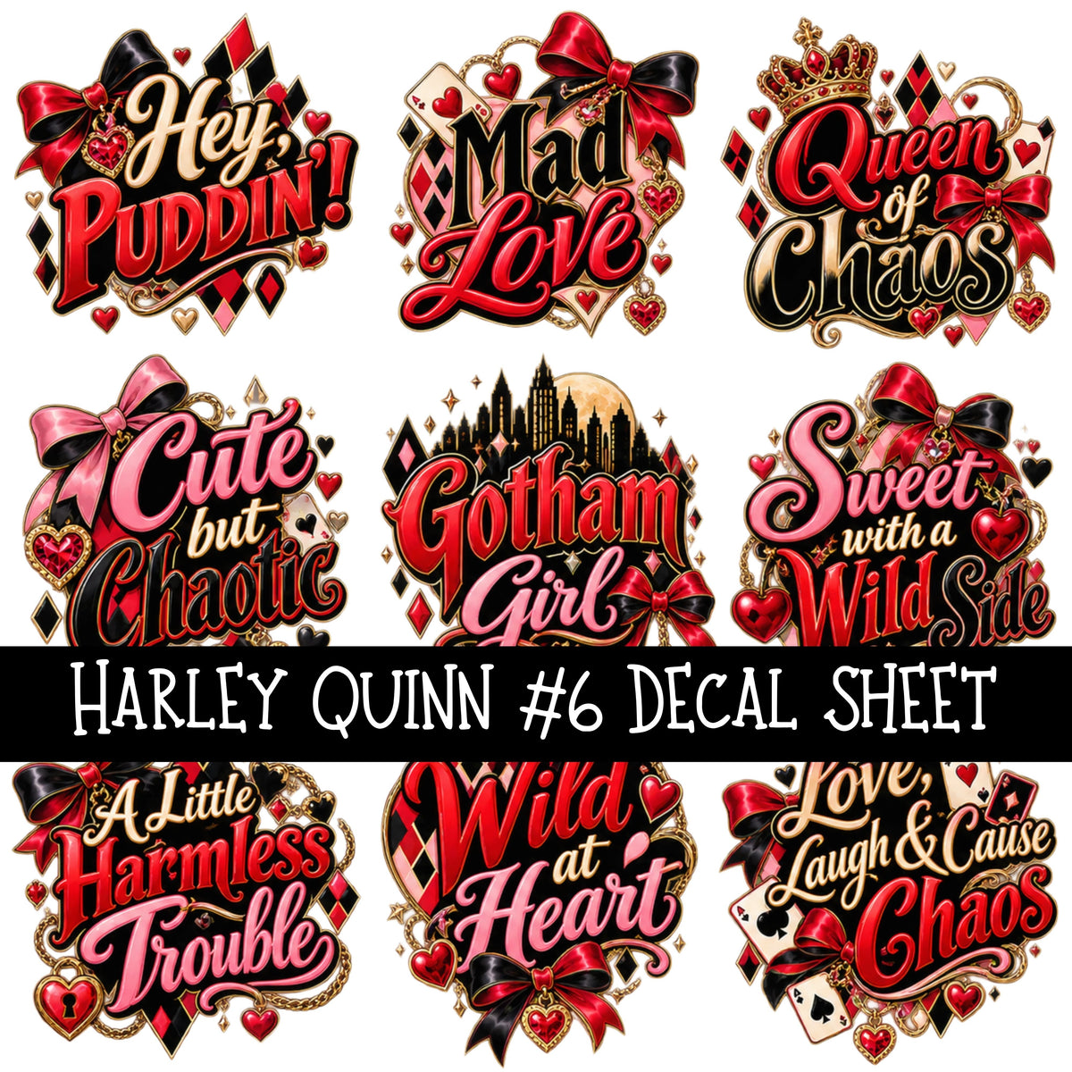 Harley Quinn UV DTF Decal sheets 6 Designs available